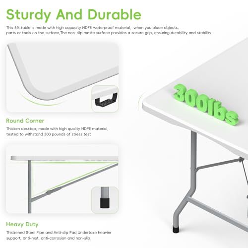 HLPB Folding Table - 2 Pcs, 6 ft Portable Camping Table with Handle and Safety Locks, Foldable Plastic Dining Table for In...