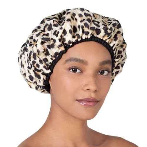 Reusable Nylon Shower Cap & Bath Cap, Reversible Oversized Waterproof Shower Caps Large Designed for all Hair Lengths w Terry Lining & Elastic Band Stretch Hem Hair Hat - Socialite Safari Spots