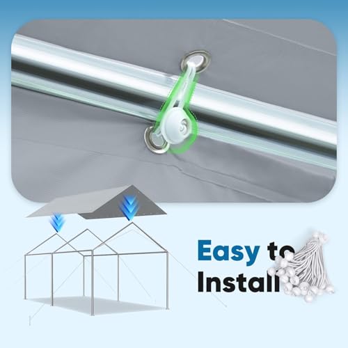 Quictent Carport Replacement Tarp Canopy Top Cover with Bungees Balls, for 10x20 ft Garage Party Tent Shelter - Gray, One ...