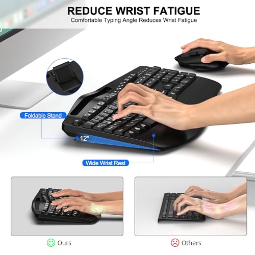 Wireless Keyboard and Mouse Combo, 2.4G Full Size Wave Keys Ergonomic Keyboard with Wrist Rest, Phone Holder, 3-Level DPI ...