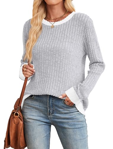 Sampeel Womens Tops Long Sleeve Shirts Lightweight Sweaters Loose Fit Crewneck Color Block Fall Fashion Outfits