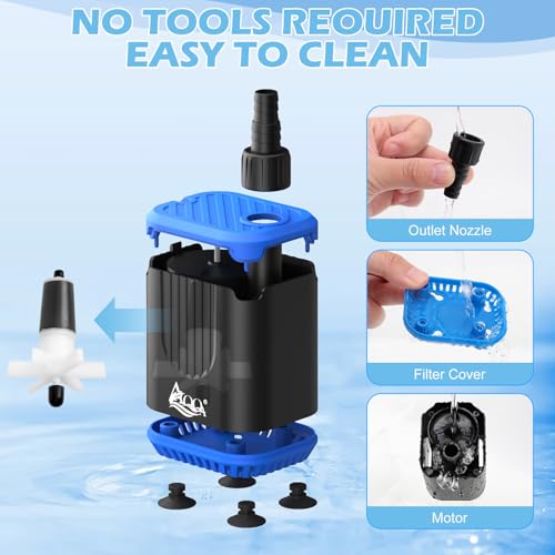 AQQA DC Aquarium Water Pump with Controller,4 Flow Adjustable,Feed Mode,IP68 Submersible Quiet Fish Tank Pump,3 Nozzles fo...