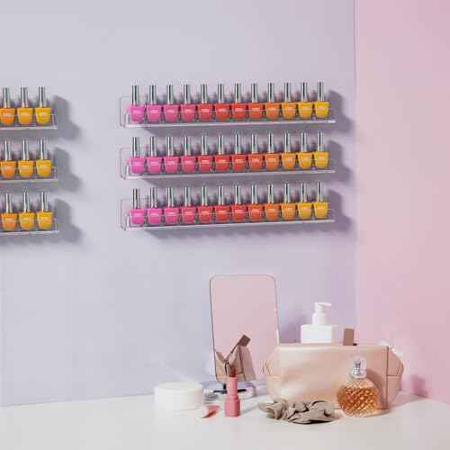 FEMELI Nail Polish Wall Rack: 6 Shelves 15 Inch Clear Acrylic Nail Polish Organizer for 66-90 Bottles Multi-Purpose Acrylic Floating Shelves (15 Inch, Clear)