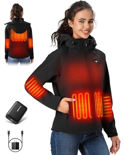 WASOTO Heated Jackets for Women 18400 mAh Battery Pack Water-Resistant Slim Fit with Detachable Hood Cycling Jackets