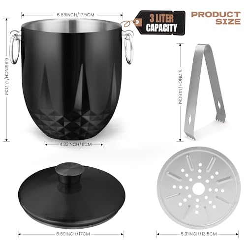 3L Ice Buckets for Parties and Cocktail Bar with Stainless Steel Lid,Tongs & Strainer(Black) Double-Wall Insulated Metal I...