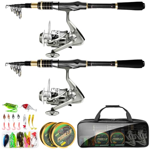 Telescopic Fishing Rod Combo - 2PCS 6.9 7.89FT Collapsible Carbon Fiber Pole Set, Spinning Reel Lures Lines Kits with Carr...