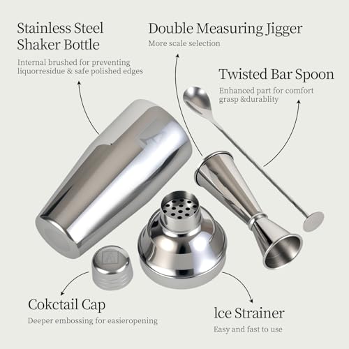 Thecosky 24oz Cocktail Shaker Set with Minimun 1/8oz Scale 1 oz 2oz Jigger - Monogramm Initials Martini Shaker Set - 304 S...