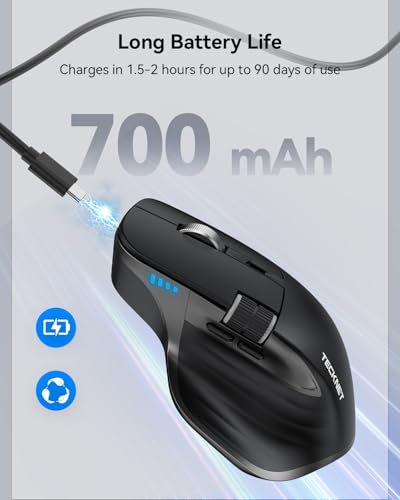 TECKNET Wireless Mouse, Bluetooth Mouse (BT5.0/5.0 & 2.4G) Rechargeable 4800 DPI Ergonomic Optical Mouse with 6 Adjustabl...