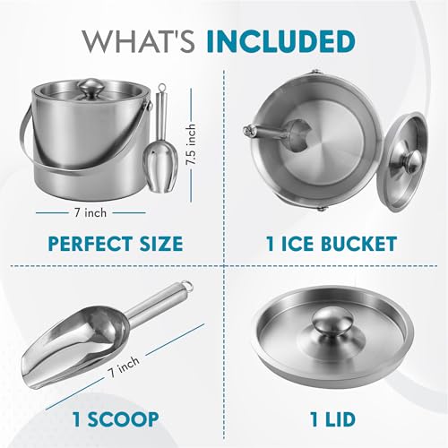 Ice Bucket (3 Liter) Stainless Steel Double Wall Insulated Ice Bucket with Lid & Scoop, Ice Buckets for Parties, Handle, K...