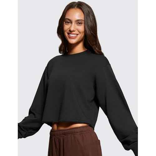 CRZ YOGA Womens Fleece Cropped Sweatshirts Crewneck Long Sleeve Double Raw Hem Workout Casual Pullover Tops