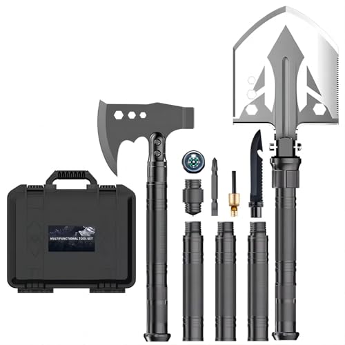 Camping Shovel Axe Outdoor Survival Shovel Set, Multifunctional Folding Tactical Shovel Hatchet Combo, High Carbon Steel C...