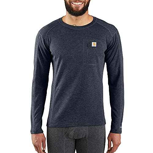 Carhartt Men's Force Midweight Synthetic-Merino Wool Blend Base Layer Crewneck Pocket Top, Navy Heather, Large US