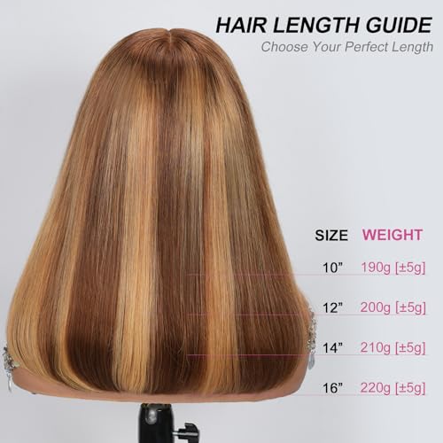 210% Density 13x6 Highlight Ombre Full Lace Frontal Bob Wig Human Hair 12A Brazilian Virgin Human Hair Pre Plucked 4/27 Honey Blonde HD Transparent Lace Glueless Wigs Human Hair 12 Inch