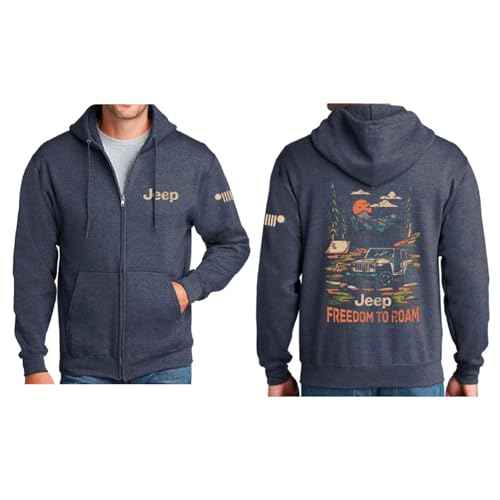 Jeep Freedom To Roam Full-Zip Hoodie Hooded Midweight Sweatshirt - Heather Navy Blue