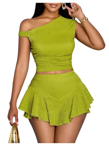 WDIRARA Women's One Shoulder Asymmetrical Tank Top and Layered Ruffle A Line Mini Skirt Sets 2 Piece Outfits