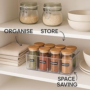 8 Pack Pantry Organizers and Storage,Snack Containers with 3 Dividers for Kitchen,Fridge,Refrigerator Organization and Storage,Clear Plastic Organizer Bins for Spice,Tea bag,Seasoning