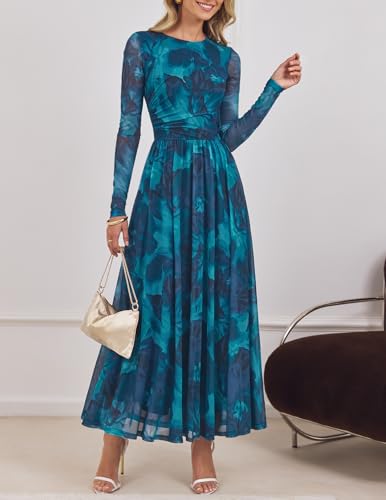 ZESICA Women's Maxi Dress 2026 Spring Long Sleeve Crewneck Floral Print Mesh Ruched Party Wedding Guest Dresses