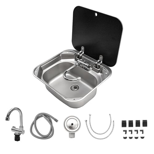 GZOII Portable RV Sink, 16.54×14.57×5.91 Inch Small Stainless Steel Bar Camping Sink with Folde Faucet and Tempered Glass ...