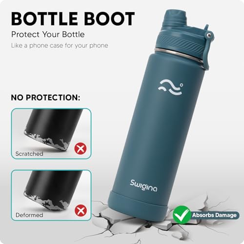 Swigina [2-IN-1 LID] Insulated Water Bottle with Silicone Boot (36hrs Cold/18hrs Hot) - DIY Stickers, Leakproof, BPA Free,...