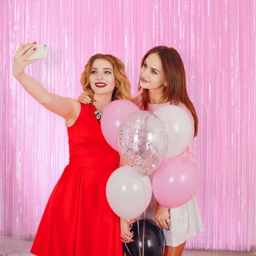 Light Pink Birthday Decorations - 4 Pack of 3.2x8.2ft Pink Foil Fringe Curtains Streamers Backdrop for Birthday Valentines...
