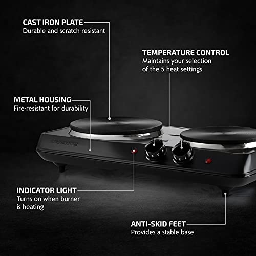 OVENTE Electric Countertop Double Burner, 1700W Cooktop with 7.25" and 6.10" Cast Iron Hot Plates, Temperature Control, Po...
