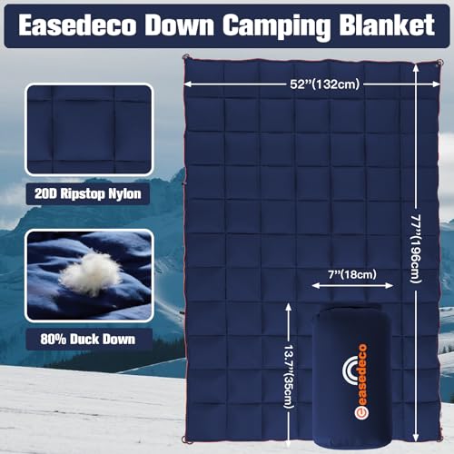 easedeco Down Camping Blanket - Navy Blue, 1lb 6oz / 77 * 52'' Lightweight Packable Warm Puffy Travel Quilt with Footbox, ...