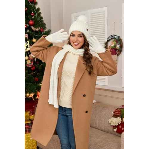 Womens Winter Warm Beanie Hat Long Scarf Touchscreen Gloves Set with Fleece Lined Skull Pom Caps 3 in 1 Set for Gift