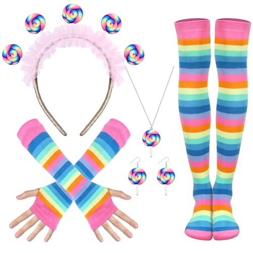SEPGLITTER Lollipop Costume Women's Set, Candy Costume for Carnival with Hairband, Earrings, Necklace, Gloves and Overknees