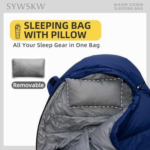 SYWSKW Down Sleeping Bag with Pillow for Backpacking,15℉ 5℉ 0℉ Wide Down Sleeping Bag (86.6 in x 33.5 in) for Adults,Youth...