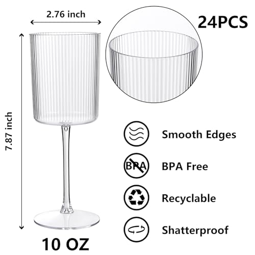 YOUBET 24 Pack Plastic Ribbed Wine Glasses - 10 OZ Clear Square Wine Glasses with Stem - Heavy Duty Vintage Disposable Cha...