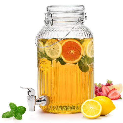 Kingrol 1 Gallon Glass Drink Dispenser with Lid and Spigot - Wide Mouth, Leak Proof Juice Pitcher- Vintage Beverage Dispen...