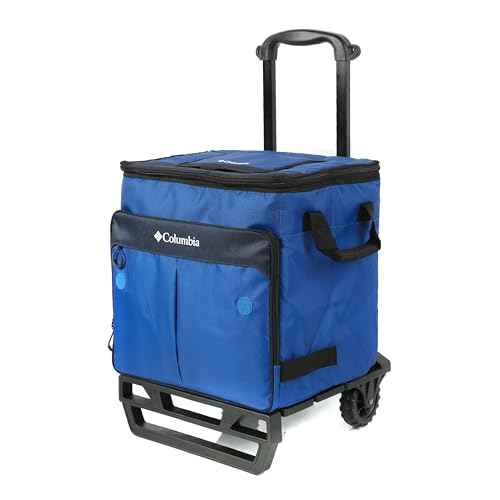 Columbia Crater Peak Wheeled Cooler - 50 Can Rolling Cooler - Blue Collapsible Cooler with Super Foam Insulation and Foldable All-Terrain Cart with Wheels