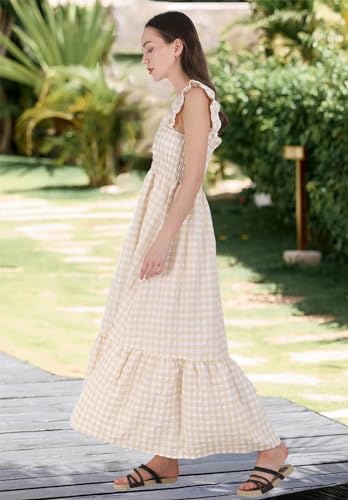chouyatou Women's Retro Plaid Smocked Dress Spaghetti Strap Flounce Long Dress