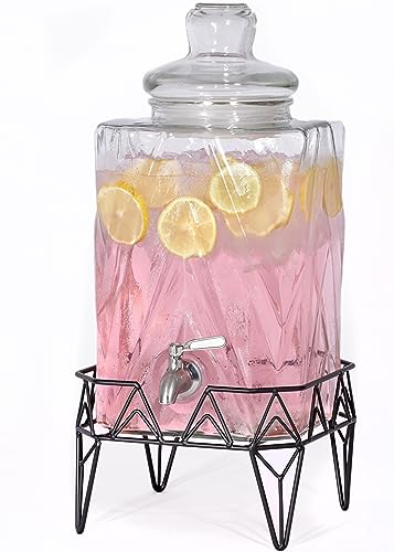 Glacial Ice Design Glass Beverage Dispenser with SS Spigot and Stand - 2.5 Gal