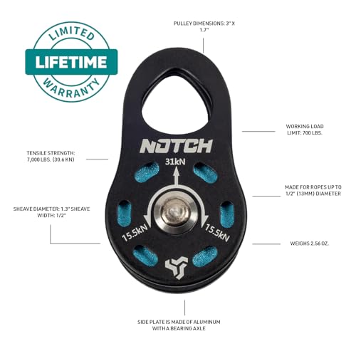 Notch Micro Pulley Combo Includes Micro Pulley, Micro Carabiner & 5mm Accessory Cord, Midline Attachable, Use with Lines u...