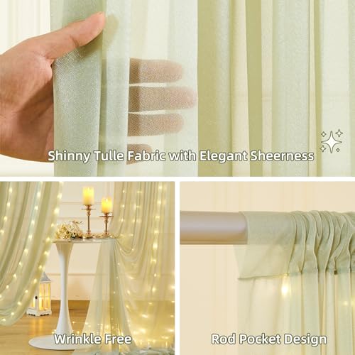 10x10FT Green Wrinkle Free Backdrop Curtains with Lights String for Parties - Photo Curtain Backdrop with Lights for Weddi...