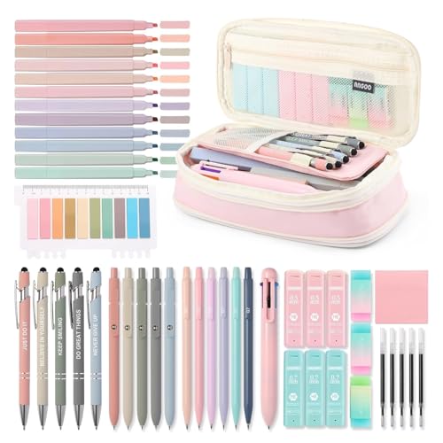 56 PCS Aesthetic School Supplies with Large Pencil Case, 5 Inspirational Ballpoint Pens, 12 Pastel Highlighters, 5 Black I...