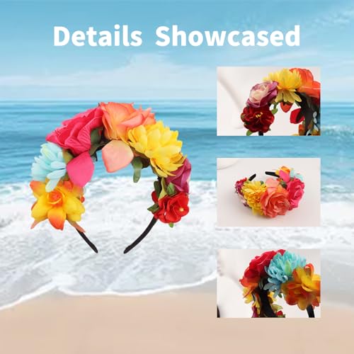 hhdatc Mexican Rose Flower Crown Headband Independence Day Rose Flower Headpiece for Day of the Dead Halloween Costume Acc...