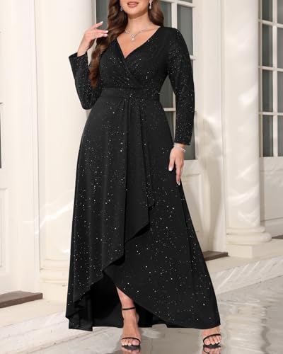 Pinup Fashion Plus Size Formal Dresses - Evening Gowns Wedding Guest Gala Prom Glitter Long Dress with Slit
