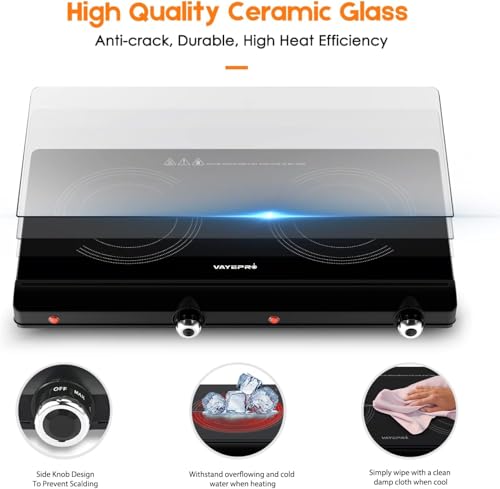 Infrared Double Burner Electric Cooktop - 1800W Portable Stove, Heat-up In Seconds, Countertop Cooktop for Dorm, Compatibl...