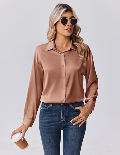 Zeagoo Womens Tops Long Sleeve Satin Silk Button Down Shirts Casual Business Dressy Blouses Fall Clothes