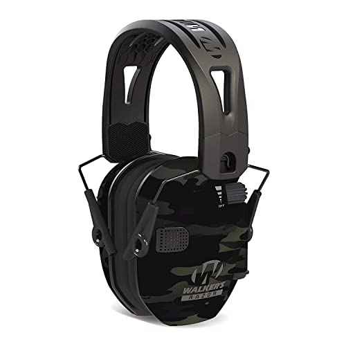 Walkers Tacti-Grip Lightweight Shooting Hunting Range Slim Hearing Protection Muff with Rubber Headband (Multi Camo Gray) Bundle with Protective Case (2 Items)