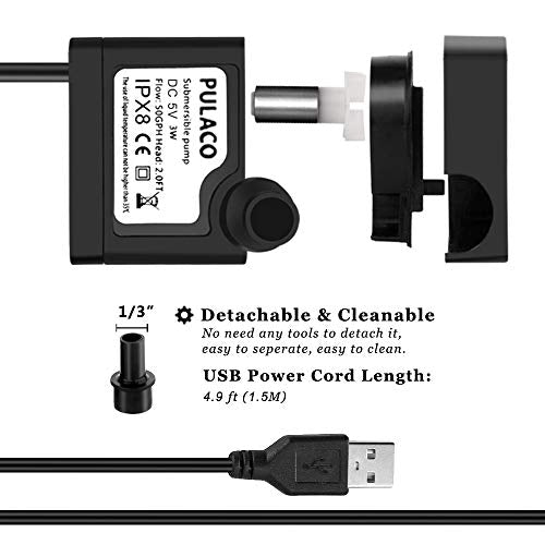 PULACO DC 5V USB Mini Submersible Water Pump with Tubing for Pet Fountain, Aquarium Fish Tank, Pond, Fountain, Hydroponics