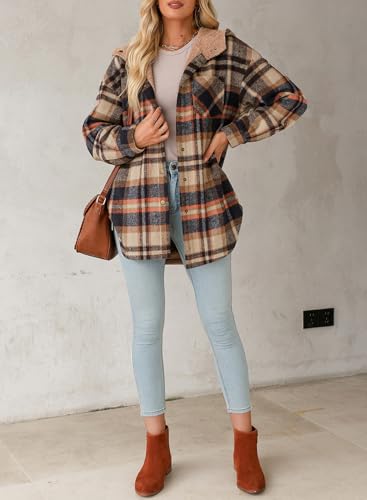 Dokotoo Women's Flannel Hooded Plaid 2025 Shacket Thick Coat Winter Coat for Warmth Button down Warm and Fuzzy Fleece Jacket