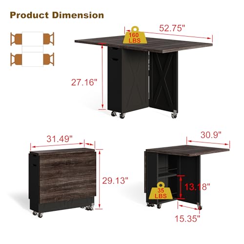 BHAODEAL Space Saving Folding Dining Table with 2 Tier Storage-Extendable Drop Leaf Farmhouse Wood Kitchen Dining Room Tab...
