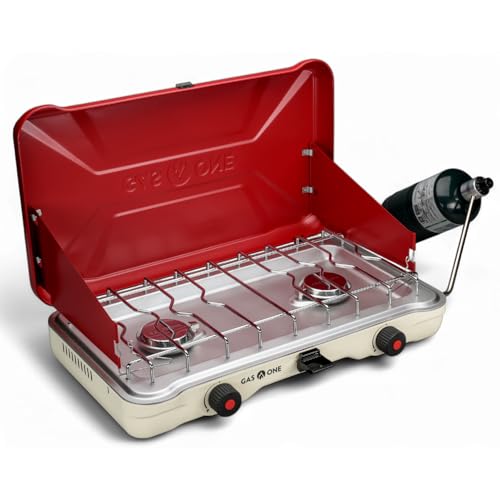 GasOne Portable Camping Stove – Double Propane Stove with Auto Twist Turn Ignition – 22,000 BTU Camping Cooktop with 2 Bur...