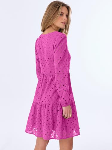 ANRABESS Long Sleeve V Neck Dresses for Women Eyelet Hollow Out Business Casual Tiered 2026 Fall Mini Dress with Pockets