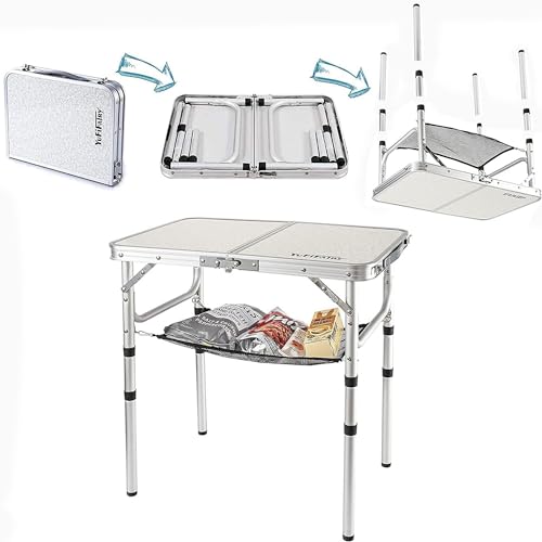 Small Folding Table 2 Foot, Portable Camping Table with Mesh Holders,Lightweight Aluminum Adjustable Height, with Carry Ha...