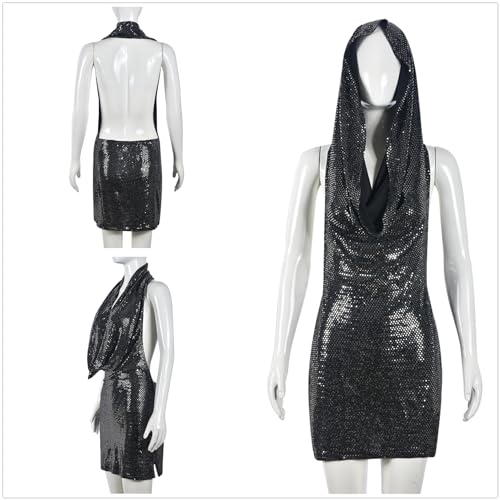 Women Rave Holographic Dress Metallic Silver Mini Hoodies Backless Sleeveless Party Festival Dress