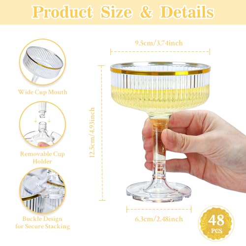 48 Pack Clear Champagne Tower Glasses 7 Oz Champagne Flutes Plastic Champagne Coupe Glasses With Gold Rim Disposable Marti...